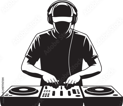 Silhouette of DJ mixing music on turntables. Clipart image isolated on background.