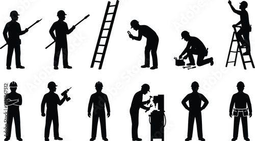 Construction worker silhouette set showing ladder work tool usage inspection drilling and maintenance activities isolated black figures
