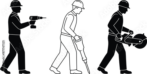 Construction worker silhouette set using power tools drilling breaking cutting materials industrial labor isolated black and outline figures