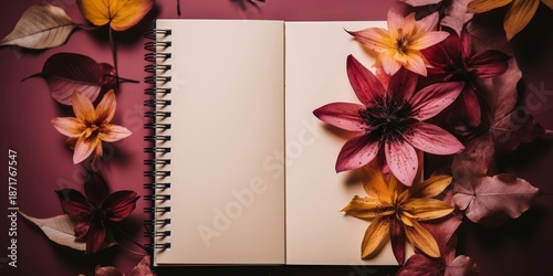 An open spiral bound notebook lies flat on a burgundy background, surrounded by a delicate arrangement of dried flowers in shades of orange and deep pink.
