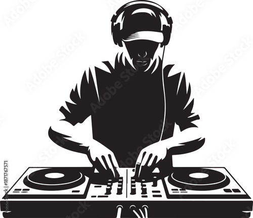 Silhouette of DJ mixing music on turntables. Clipart image isolated on background.