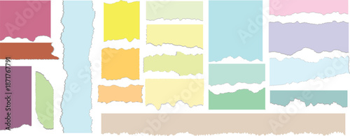 Collection of colorful torn paper edges and rectangles for collage or scrapbooking design elements