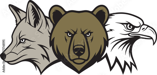 Wild Animal Head Mascot Logo Set Wolf Bear Eagle Vector Illustration