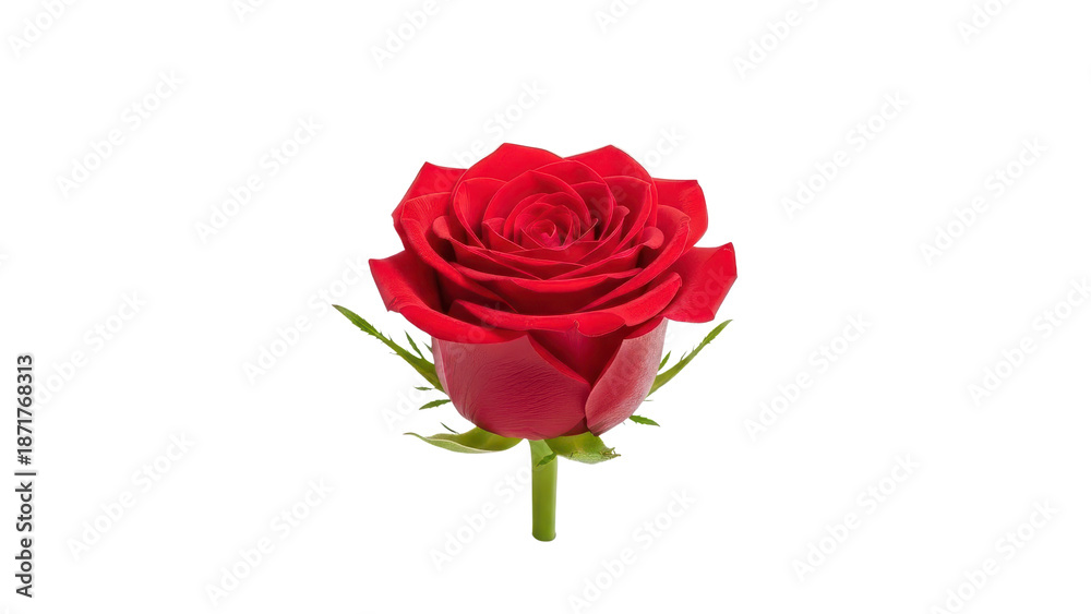Fototapeta premium Vibrant red rose flower head isolated on white, blooming crimson rosebud with green stem, romantic floral element for wedding design and greeting cards