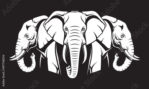 Black and White Elephant Head Logo Vector Illustration on Dark Background
