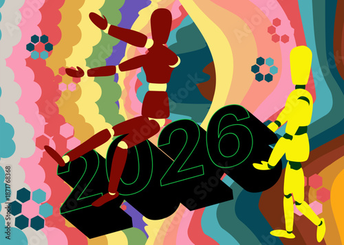 Retro 70s Background with 2026 text. Groovy wooden puppet 1970s art template. Minimalistic Vintage design poster. Old-fashioned color artwork.