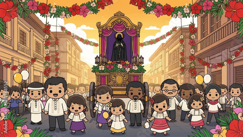 Filipino fiesta procession with religious float and kawaii characters.