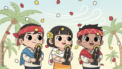 Cute filipino children holding religious statues in a tropical scene.