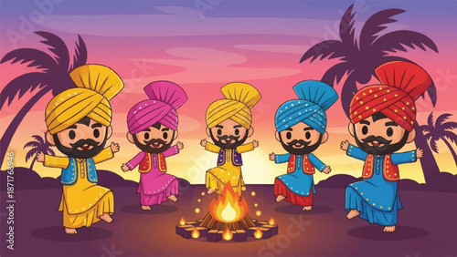 Punjabi men dancing bhangra around a bonfire for lohri festival.