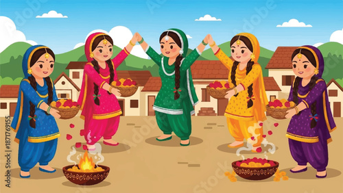 Colorful indian women dancing during a traditional village festival.