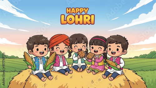 Happy lohri celebration with cute cartoon children and corn cobs.