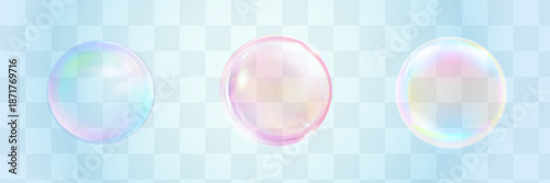 Set of realistic colorful soap bubbles. Transparent realistic soap bubbles isolated on transparent background. Vector texture. Light Gray vector cover with spots.