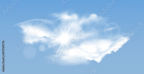 Set of transparent different clouds with sun. Spring, summer isolated on blue background. Real transparency effect.