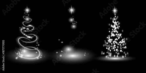 Illumination Lights Shiny Christmas tree Isolated on Transparent Background. White tree as symbol of Happy New Year, Merry Christmas holiday celebration. Bright light decoration design.