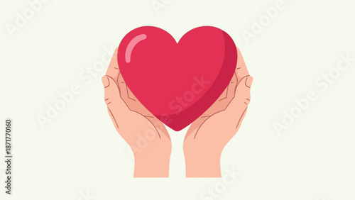 Two gentle hands carefully cradle a large red heart symbolizing love and care