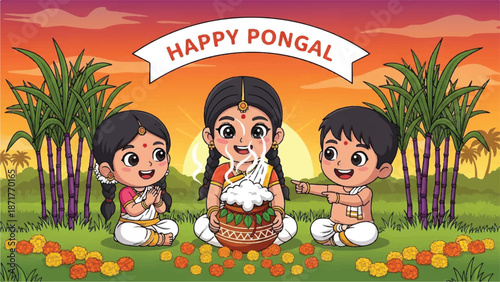 Happy pongal festival scene with children and sugarcane.