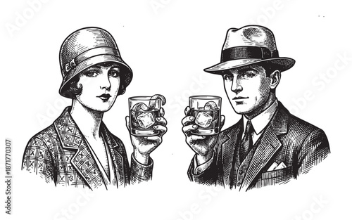 Illustration of a 1920s Couple with Hats Toasting with Old Fashioned Glasses