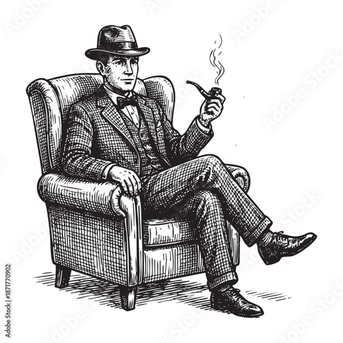 Gentleman Smoking Pipe in Armchair, Vintage Pen and Ink Portrait, Black and White Vector Illustration