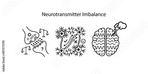 Mental Health and Chemical Imbalance Illustration. Minimalist Symbols of Depression, Anxiety, and Neuron Signaling Problems.