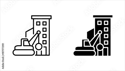 Demolition icon set. Demolition crane symbol with construction vector illustration on white background
