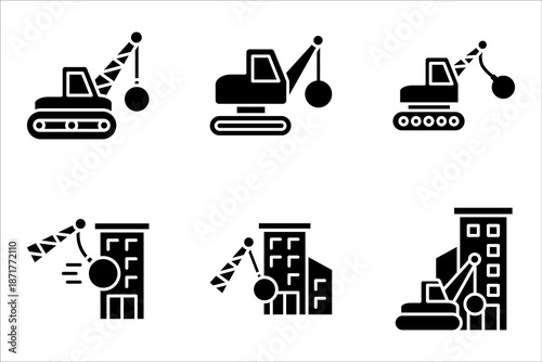 Demolition icon set. Demolition crane symbol with construction vector illustration on white background