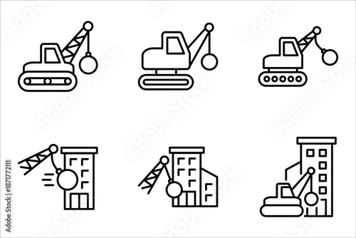 Demolition icon set. Demolition crane symbol with construction vector illustration on white background