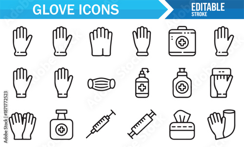 Sterile medical glove and hygiene outline icons
