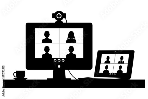Digital conference call and remote work setup with computer monitors and laptop displaying video chat participants and coffee cup on desk