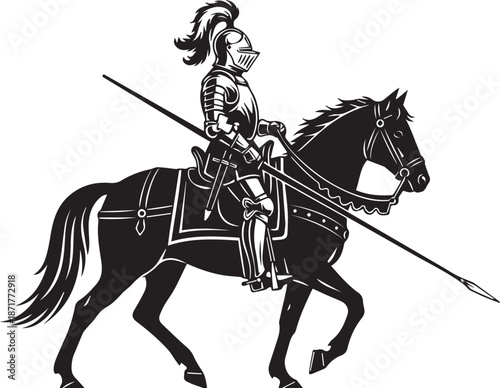 Knight on horseback holding lance Silhouette vector black on a white background