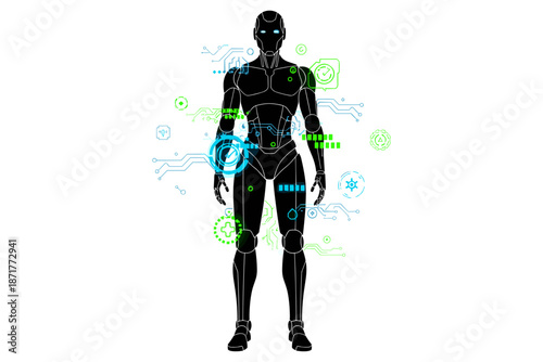 Conceptual digital art of a humanoid robot, embodying advanced AI. Glowing circuits and data interfaces highlight future technology and intelligent systems concepts
