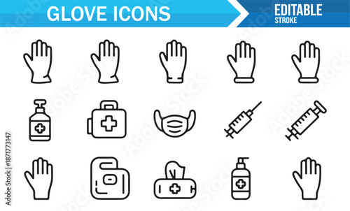 Glove outline icons set for medical and safety protection