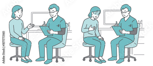 問診と体調不良の女性患者セット（男性医師・スクラブ）