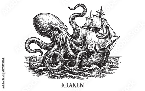 Kraken Giant Octopus Attacking Ship Sea Monster Engraving