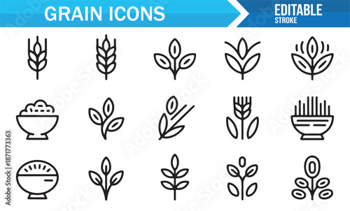 Healthy cereal and grain food outline icons
