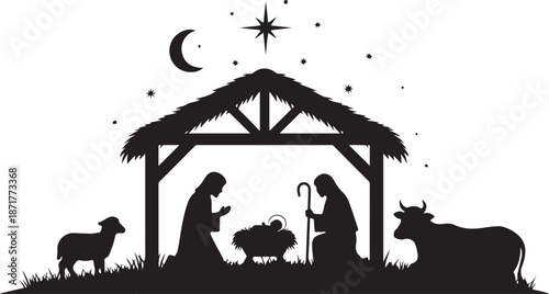 Black silhouette nativity scene with animals and star