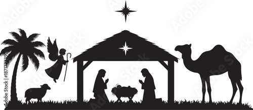 Black silhouette nativity scene with camel and angel 1