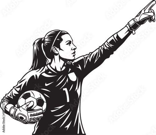 Woman soccer goalkeeper holding ball pointing up female
