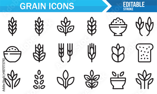 Grain outline icons set with cereal crops and seeds