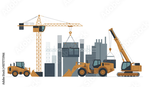 Heavy construction machinery on building site flat vector design