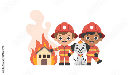 Cute kids firefighter clipart with dalmatian dog and burning building