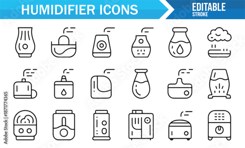 Air humidifier and aroma diffuser outline icons collection