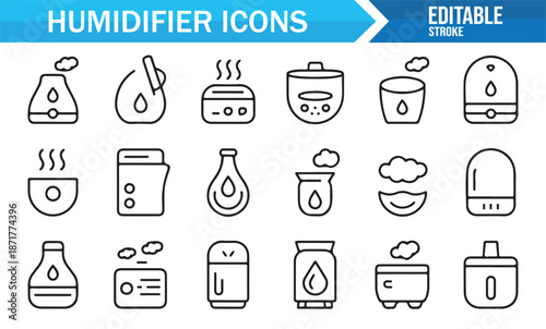 Humidifier outline icons set for air moisture control