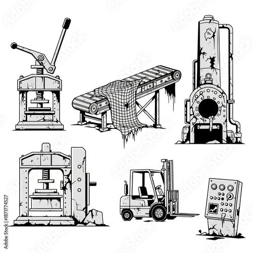 Vintage industrial machinery collection, including a forklift, press, conveyor, boiler, and control panel, perfect for retro or steampunk designs and concepts