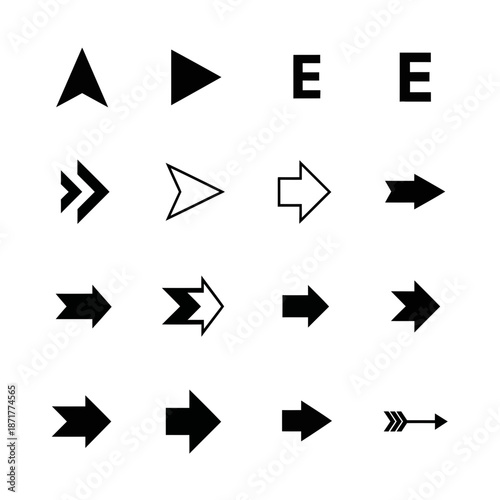 Dynamic black arrow collection, perfect for modern UI design, website navigation, and infographic elements, originally a scalable vector graphic for flexible use