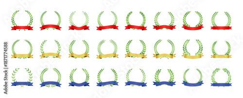 緑の月桂冠と赤・金・青のリボンのベクターイラストセット｜Green laurel wreath and ribbon illustration set in red, gold and blue
