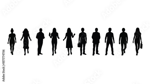 A row of diverse silhouettes depicting walking people in various poses