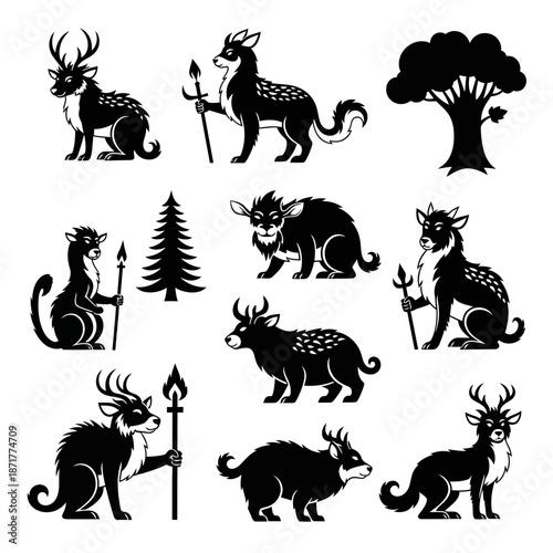 Enchanting forest creatures and trees create a mystical woodland scene, perfect for fantasy illustrations or storybook designs, originally a scalable graphic