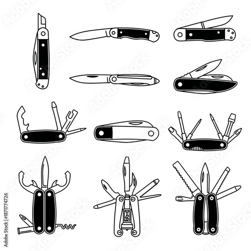 Versatile collection of pocket knives and multi-tools, ideal for outdoor adventures and handy tasks, showcasing functionality and sleek design in a modern style