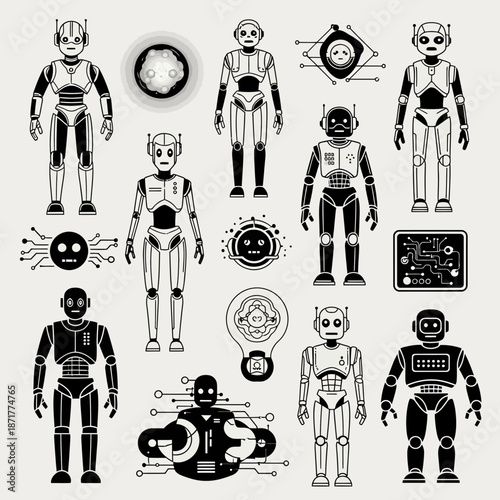 Futuristic robot collection showcasing ai technology, circuits, and robotics for innovative designs, ideal for technology and science fiction themes originally vector graphics