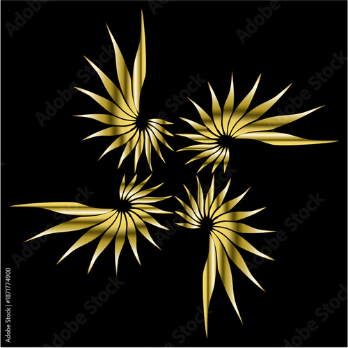 Four radiant golden spirals bloom against deep black, symbolizing harmony, motion, balance, and the elegant flow of luminous abstract energy.